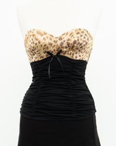 Vintage x Black Mesh Leopard Satin Corset (S, M, B-C Cup)