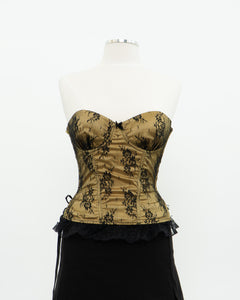 Vintage x Black, Yellow Strapless Lace Corset (M, C Cup)