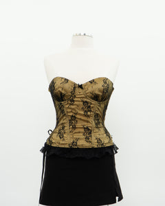 Vintage x Black, Yellow Strapless Lace Corset (M, C Cup)