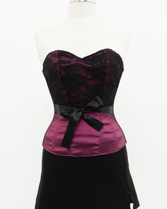 Vintage x Shiny Magenta Black Strapless Corset (XS, S)