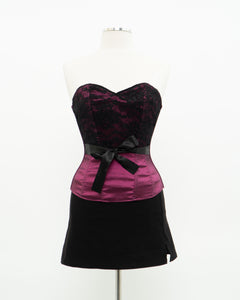 Vintage x Shiny Magenta Black Strapless Corset (XS, S)