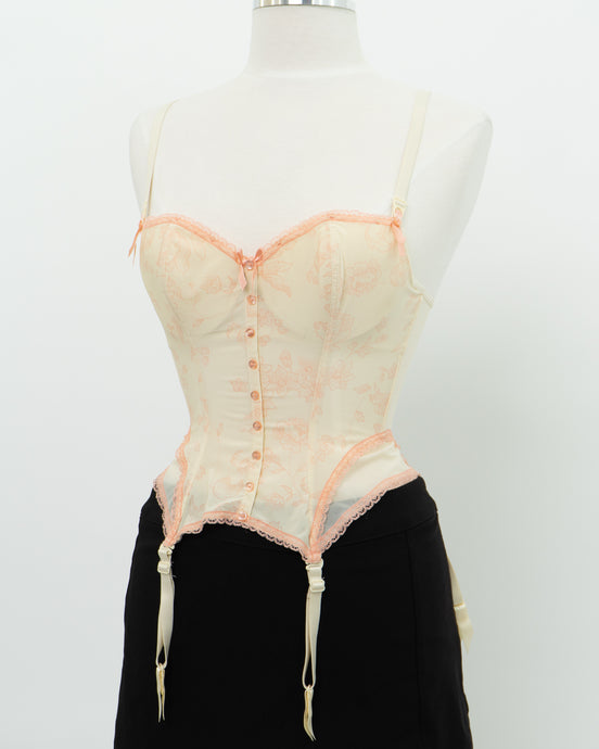 Vintage x Light Yellow, Peach Patterned Corset (34B)