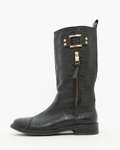 TORY BURCH x Black Pebble Leather Biker Boots (7-7.5)