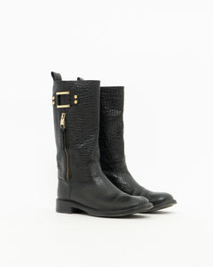 TORY BURCH x Black Pebble Leather Biker Boots (7-7.5)