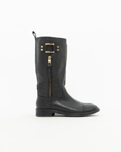 TORY BURCH x Black Pebble Leather Biker Boots (7-7.5)