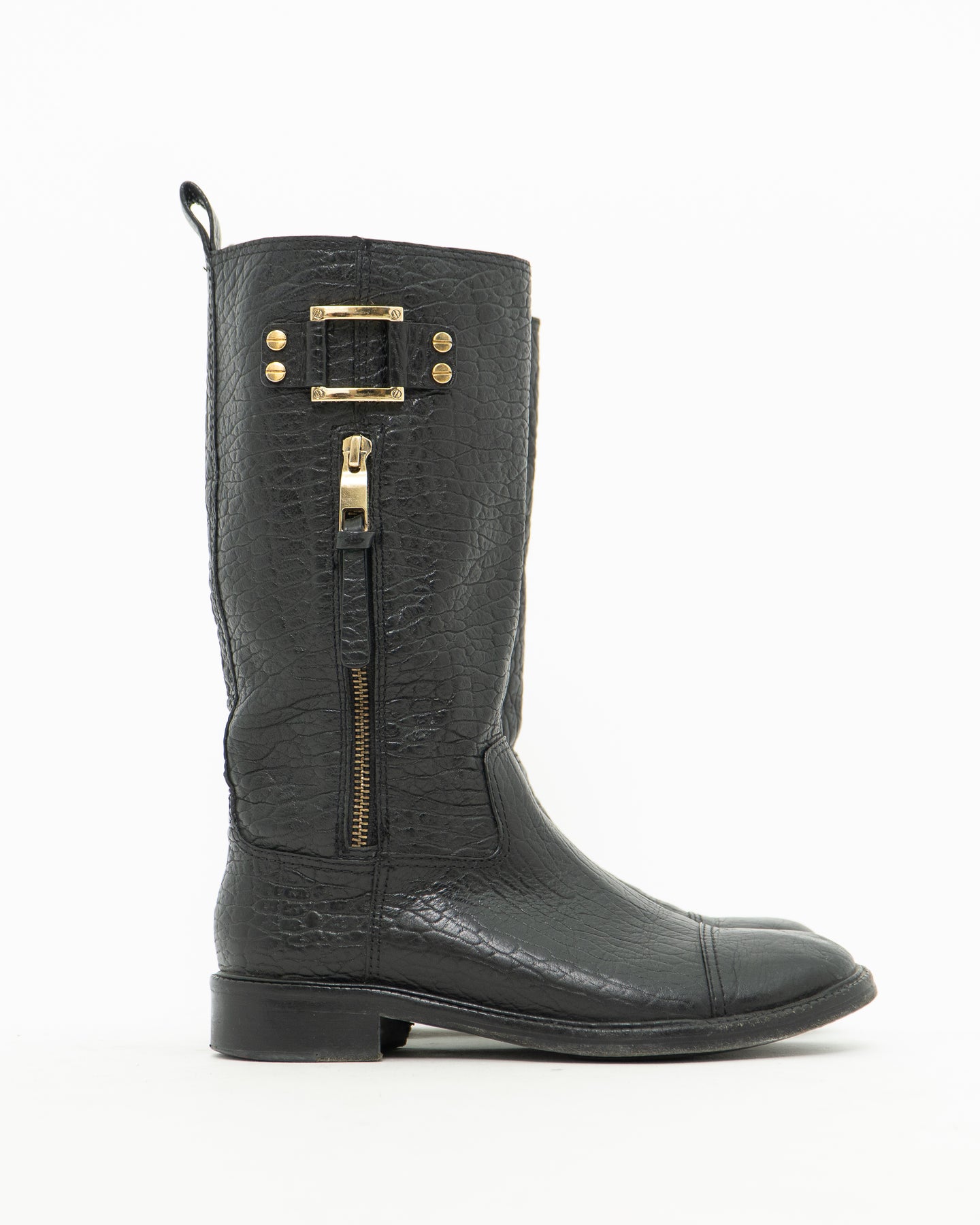 TORY BURCH x Black Pebble Leather Biker Boots (7-7.5)