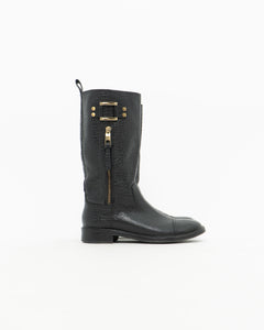 TORY BURCH x Black Pebble Leather Biker Boots (7-7.5)