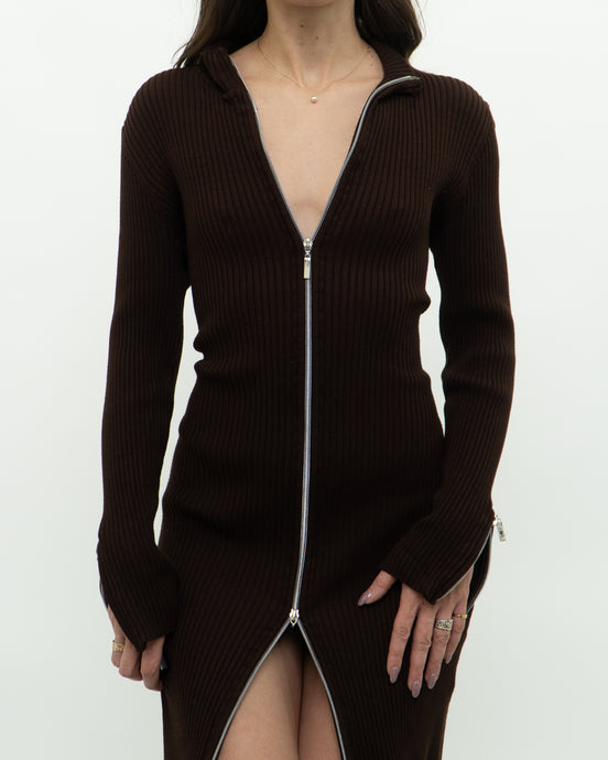 Vintage x Brown Ribbed Knit Double-zip Dress (M, L)