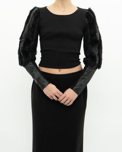 Vintage x Black Ribbed Faux Fur Cotton-Blend Long Sleeve (XS-M)