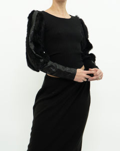 Vintage x Black Ribbed Faux Fur Cotton-Blend Long Sleeve (XS-M)