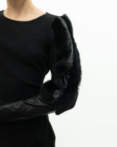 Vintage x Black Ribbed Faux Fur Cotton-Blend Long Sleeve (XS-M)