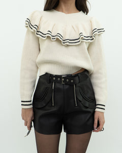 SELF PORTRAIT x Cream Knit Cotton-Blend Cropped Sweater (XS, S)