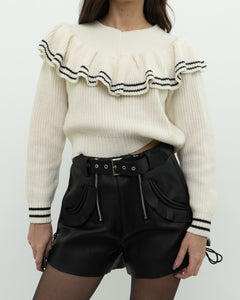 SELF PORTRAIT x Cream Knit Cotton-Blend Cropped Sweater (XS, S)