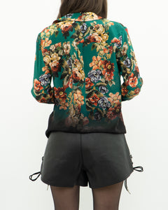 ALICE + OLIVIA x Teal Floral Pure Silk Blouse (XS, S)