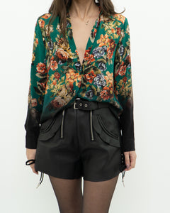 ALICE + OLIVIA x Teal Floral Pure Silk Blouse (XS, S)