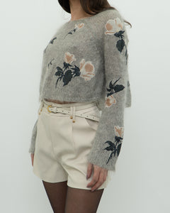 SNIDEL x Grey Floral Embroidered Mohair Sweater (XS-M)