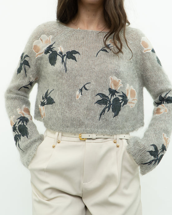 SNIDEL x Grey Floral Embroidered Mohair Sweater (XS-M)