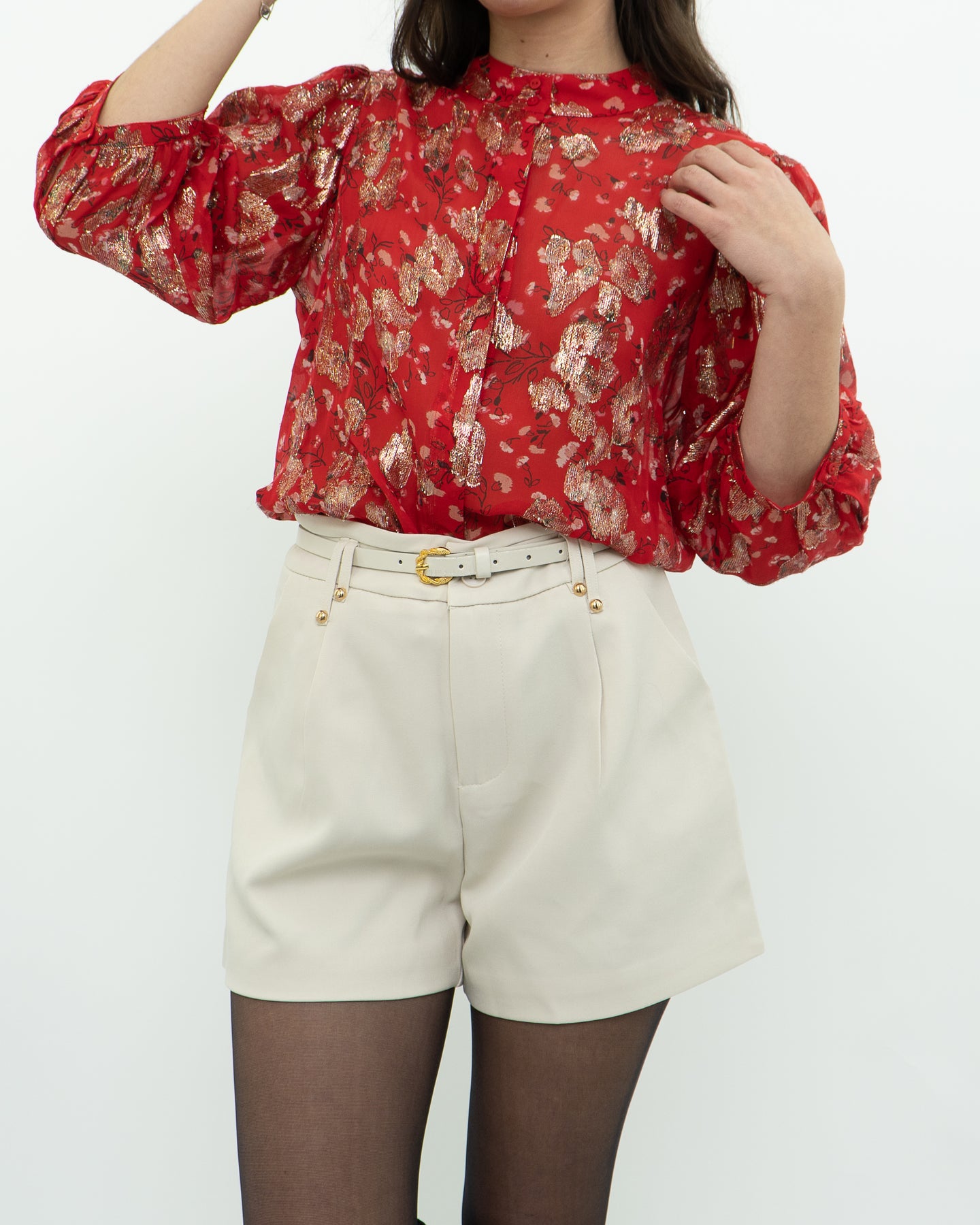 ba&sh x Red Silk Patterned Metallic Blouse (XS, S)