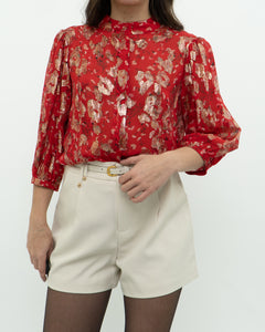 ba&sh x Red Silk Patterned Metallic Blouse (XS, S)