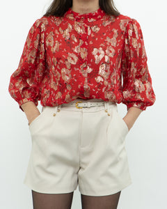 ba&sh x Red Silk Patterned Metallic Blouse (XS, S)