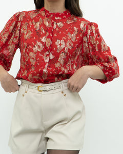 ba&sh x Red Silk Patterned Metallic Blouse (XS, S)