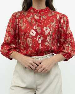 ba&sh x Red Silk Patterned Metallic Blouse (XS, S)