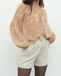 ULLA JOHNSON x Peach Patterned Silk Blouse (XS-M)