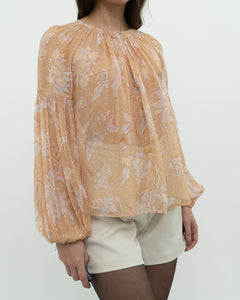 ULLA JOHNSON x Peach Patterned Silk Blouse (XS-M)