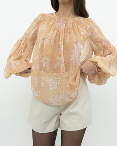 ULLA JOHNSON x Peach Patterned Silk Blouse (XS-M)