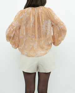 ULLA JOHNSON x Peach Patterned Silk Blouse (XS-M)