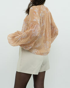 ULLA JOHNSON x Peach Patterned Silk Blouse (XS-M)