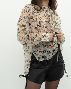 JOIE x Cream Floral Frilly Silk Blouse (XS-M)