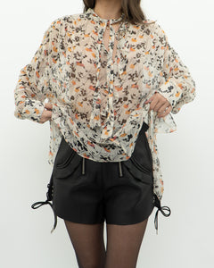 JOIE x Cream Floral Frilly Silk Blouse (XS-M)