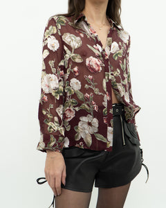 ALICE + OLIVIA x Burgundy Floral Silk Blouse (XS, S)