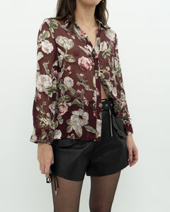 ALICE + OLIVIA x Burgundy Floral Silk Blouse (XS, S)