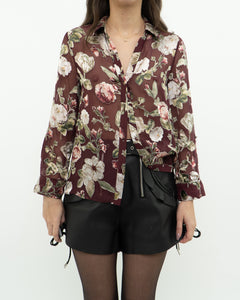 ALICE + OLIVIA x Burgundy Floral Silk Blouse (XS, S)