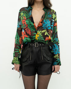 ALICE + OLIVIA x Tropical Floral Silk-Blend Blouse (XS-M)