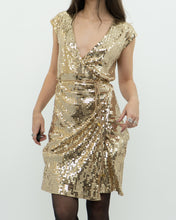 Load image into Gallery viewer, MICHAEL KORS x Gold Sequin Wrap Dress (S)