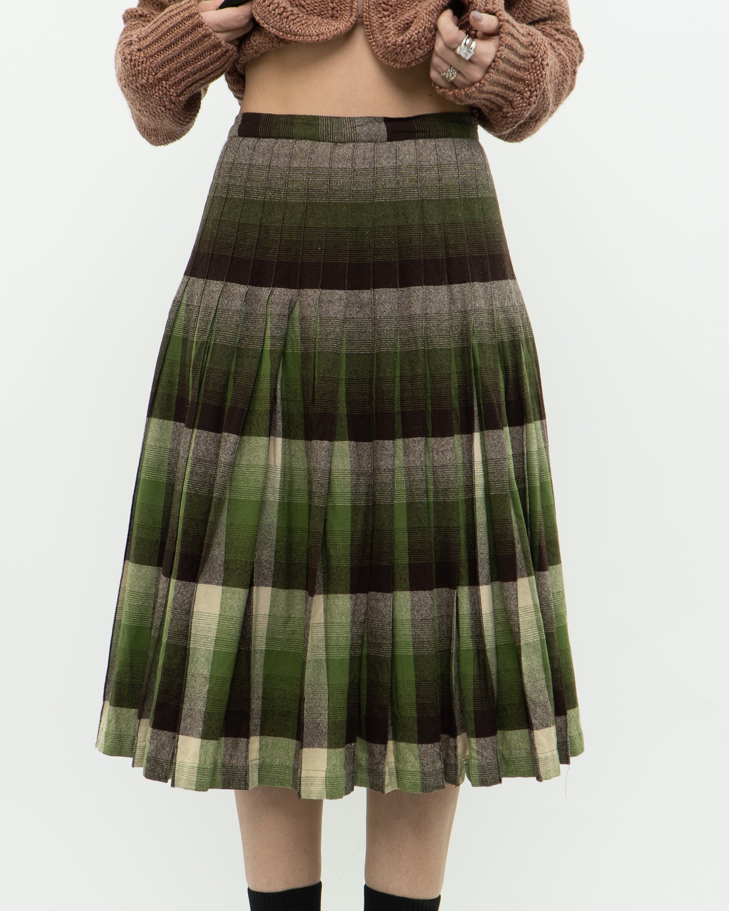 Vintage x Green Plaid Reversible Wool Midi Skirt (S)