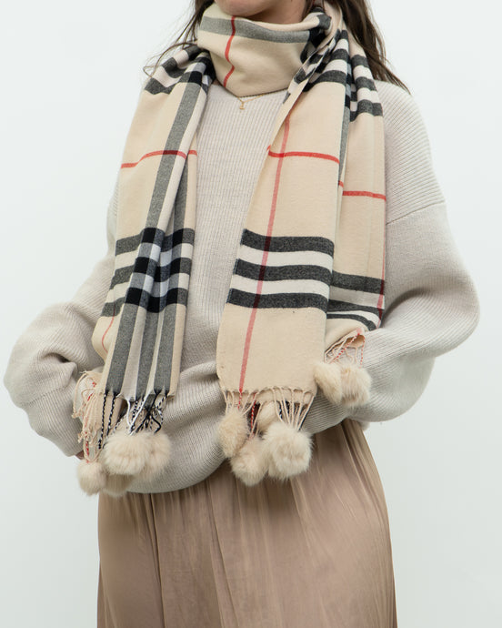 Vintage x Ultra Soft Plaid Pom Pom Cashmere Scarf