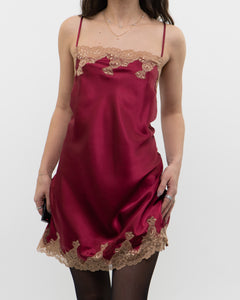 Vintage x JONES NY Burgundy Satin, Lace Slip Dress (M, L)