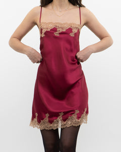 Vintage x JONES NY Burgundy Satin, Lace Slip Dress (M, L)