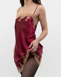 Vintage x JONES NY Burgundy Satin, Lace Slip Dress (M, L)