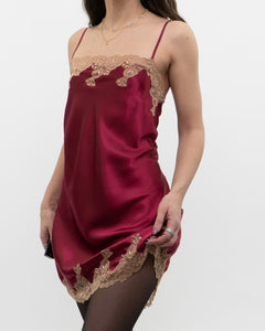 Vintage x JONES NY Burgundy Satin, Lace Slip Dress (M, L)