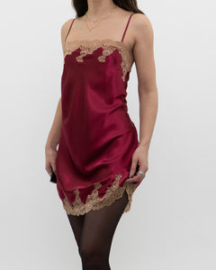 Vintage x JONES NY Burgundy Satin, Lace Slip Dress (M, L)