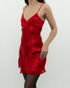 Vintage x Red Pure Silk Frilly Slip Dress (S, M)