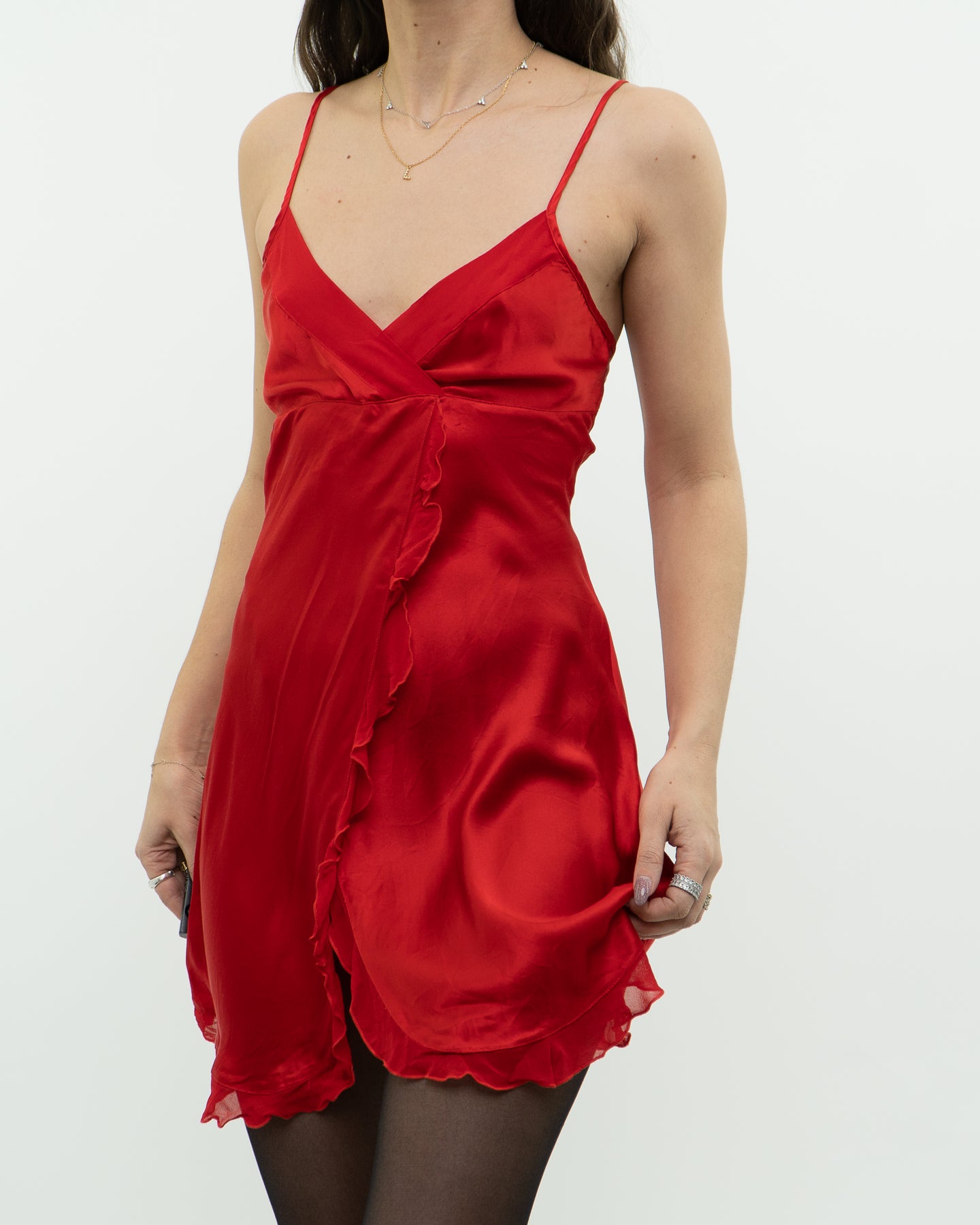 Vintage x Red Pure Silk Frilly Slip Dress (S, M)