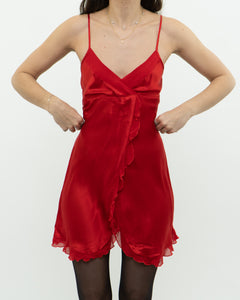 Vintage x Red Pure Silk Frilly Slip Dress (S, M)