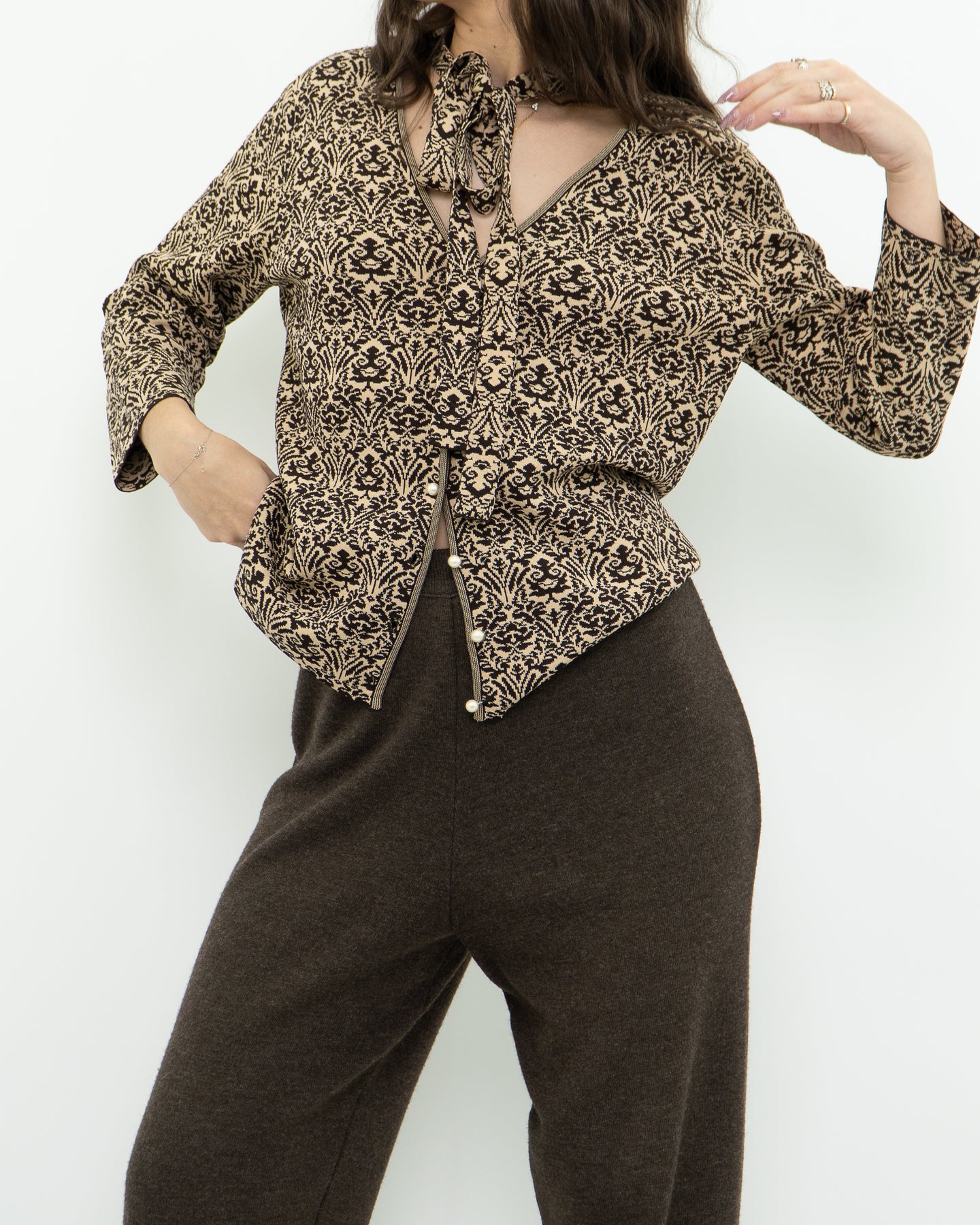 Modern x Brown, Beige Patterned Pearl Beaded Top (S-L)