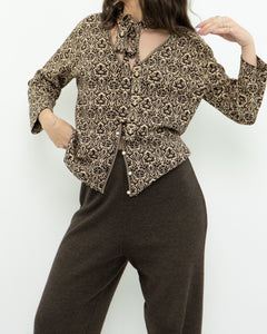 Modern x Brown, Beige Patterned Pearl Beaded Top (S-L)